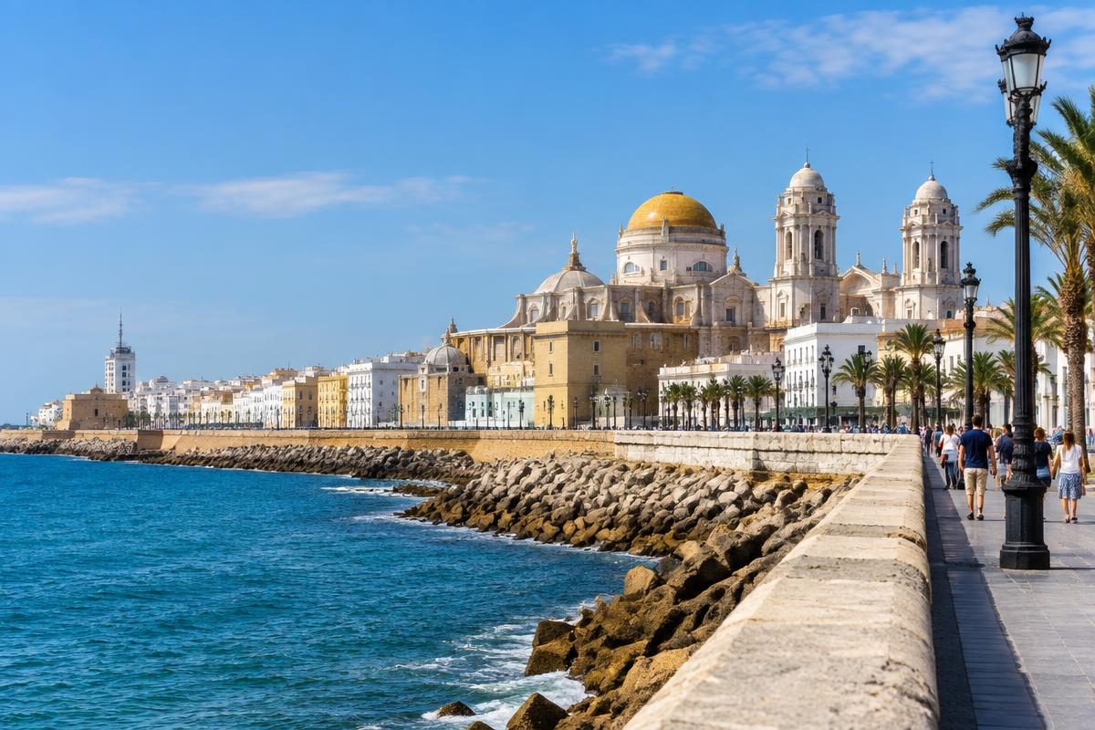 Il lungomare atlantico di Cadice con la Cattedrale Nuova