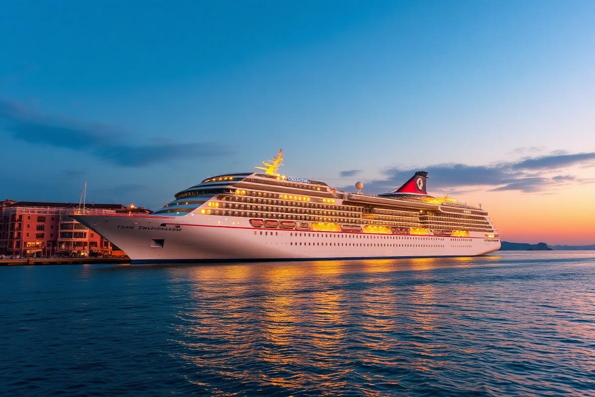 Nave da crociera ormeggiata nel porto di Civitavecchia al tramonto
