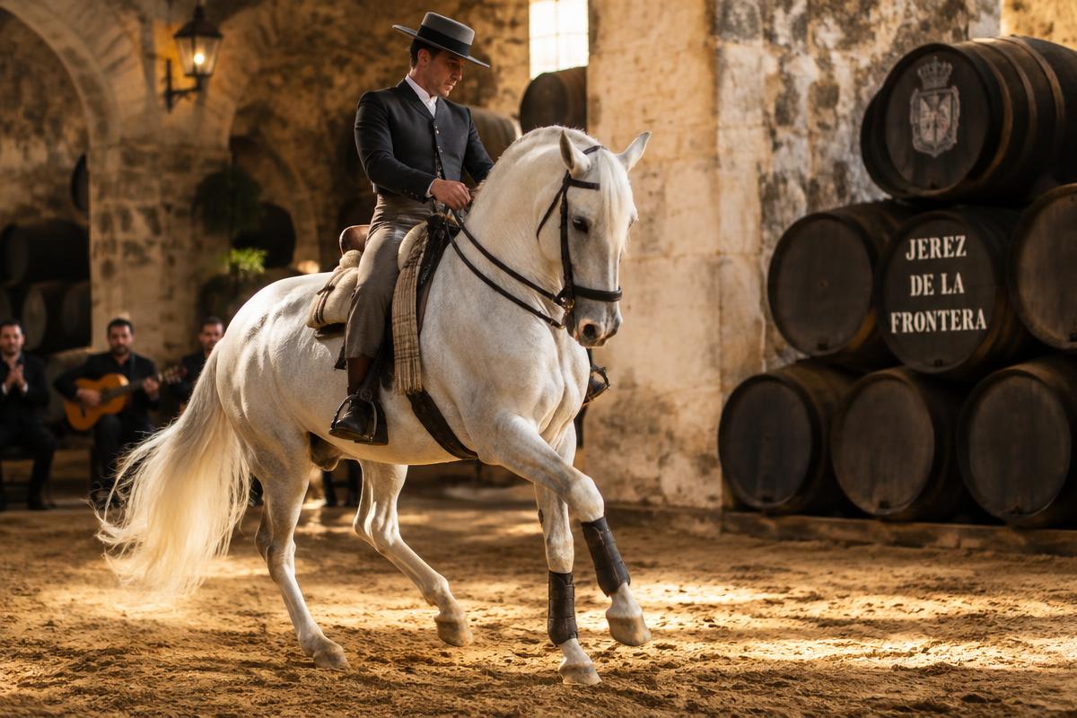 Cavallo andaluso e botti di sherry a Jerez de la Frontera