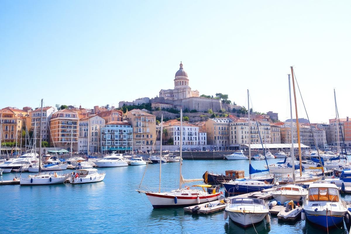 Il Vieux-Port di Marsiglia con le barche e la basilica di Notre-Dame de la Garde