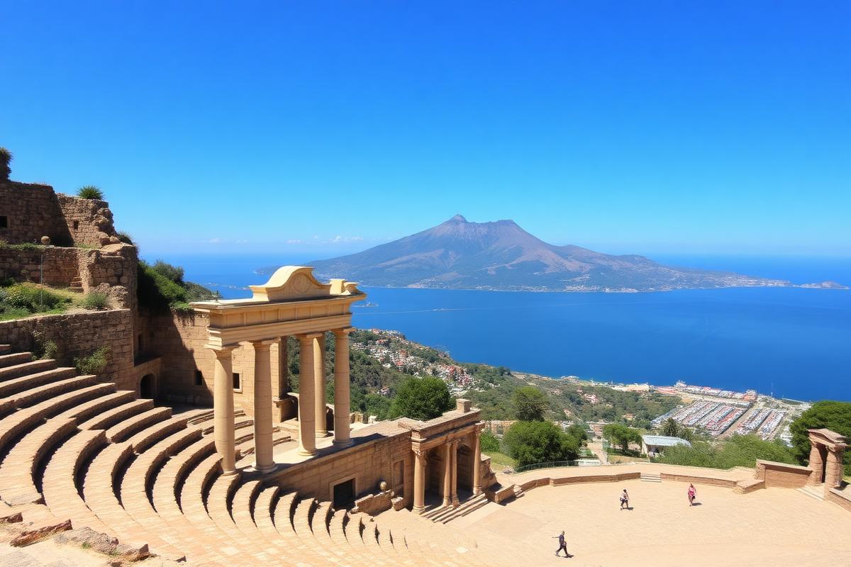 Teatro Antico di Taormina con vista sull'Etna e sul mar Ionio